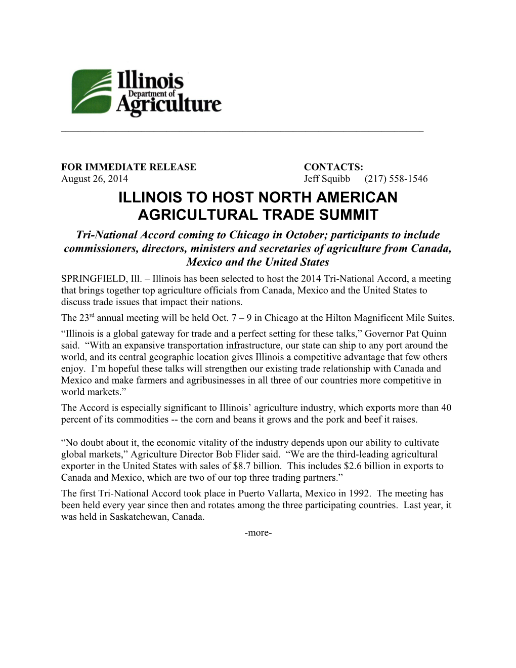 ILLINOIS to HOST NORTH AMERICAN Agricultural TRADE SUMMIT
