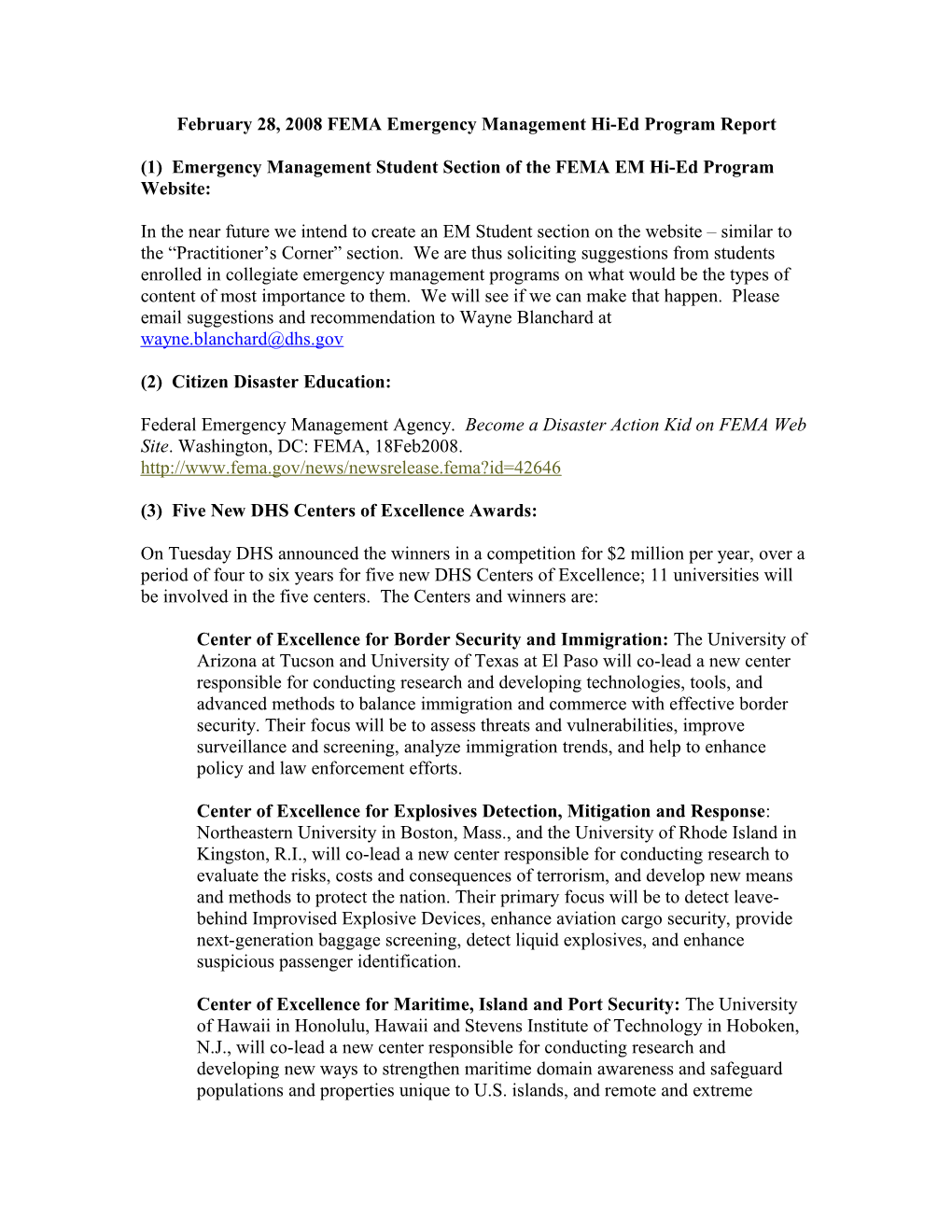 February 28, 2008 FEMA Emergency Management Hi-Ed Program Report