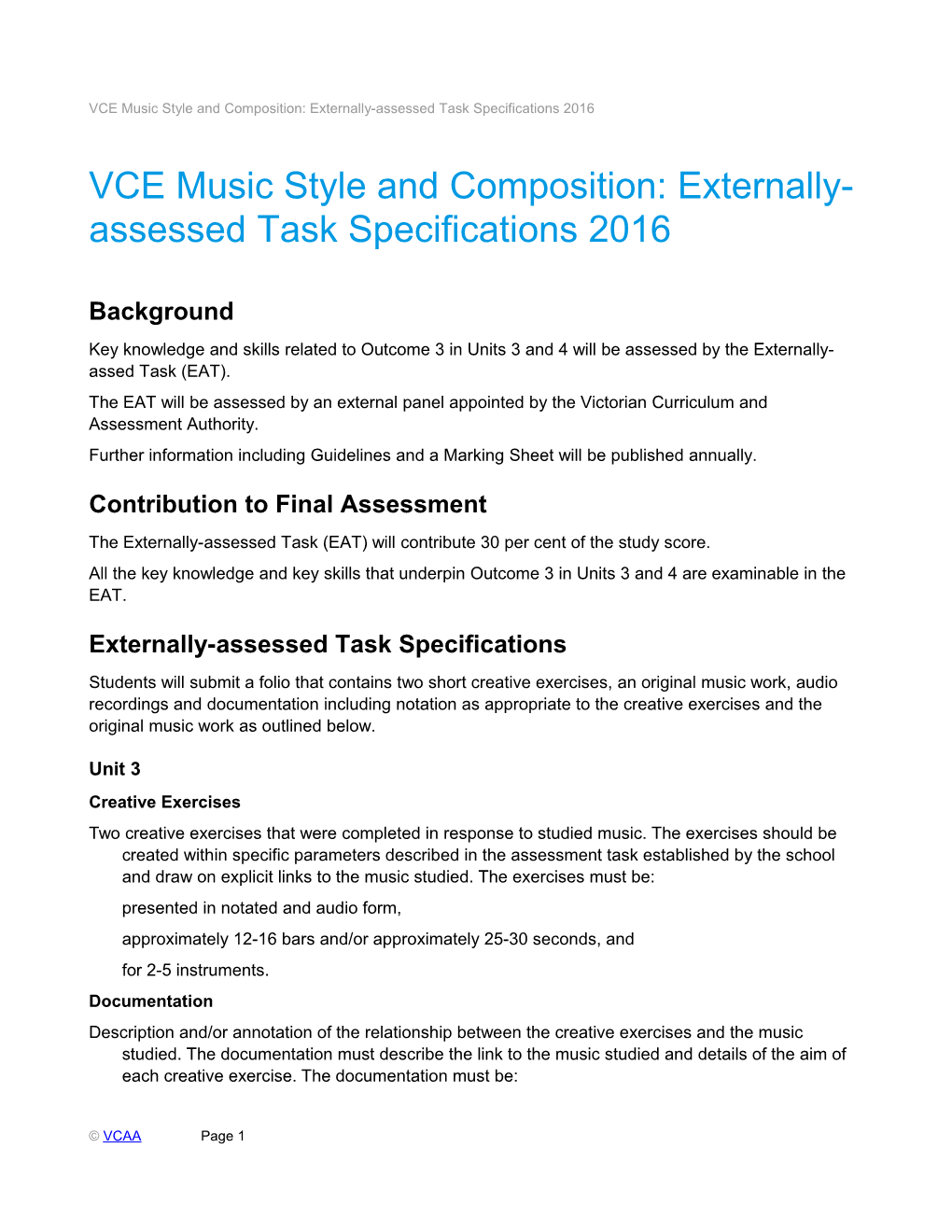 VCE Music Style and Composition: Externally-Assessed Task Specifications 2016