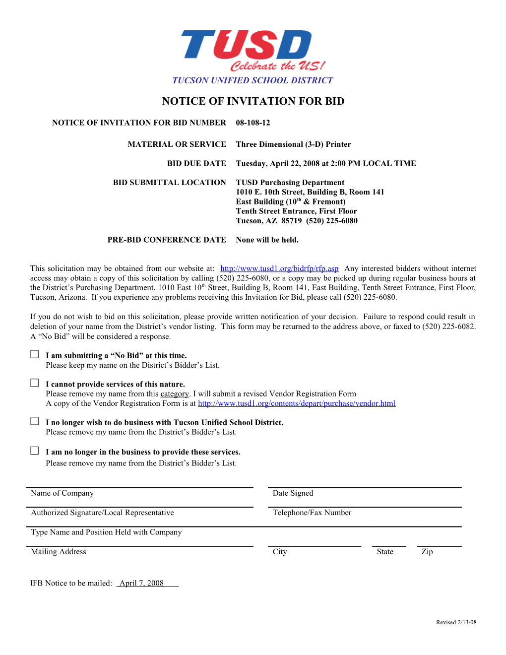 Notice of Invitation for Bid