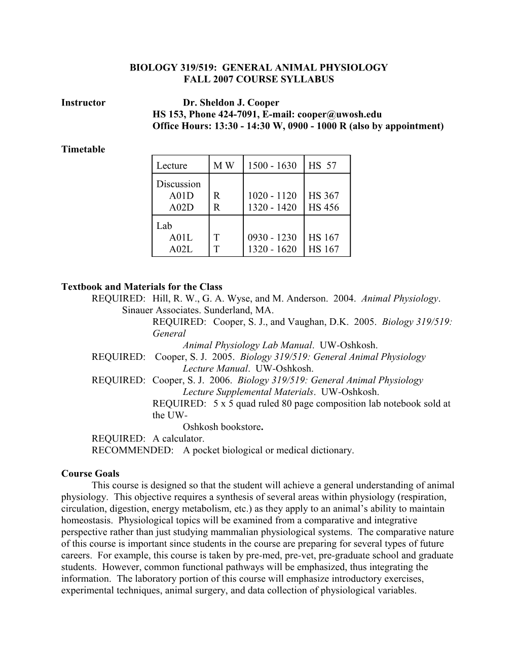 Biology 319/519: General Animal Physiology