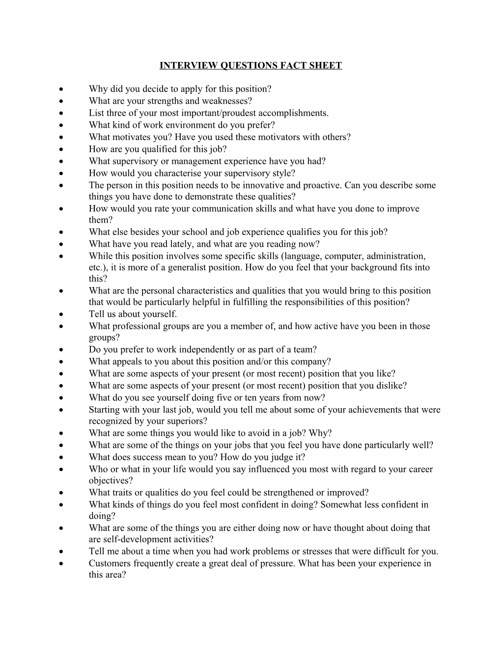 Interview Questions Fact Sheet
