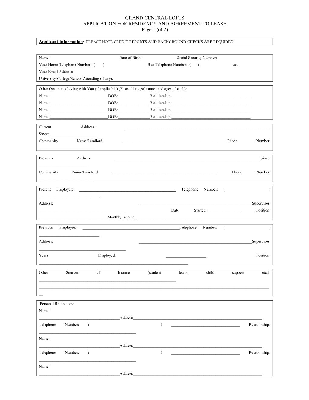 Application for Residency and Agreement to Lease