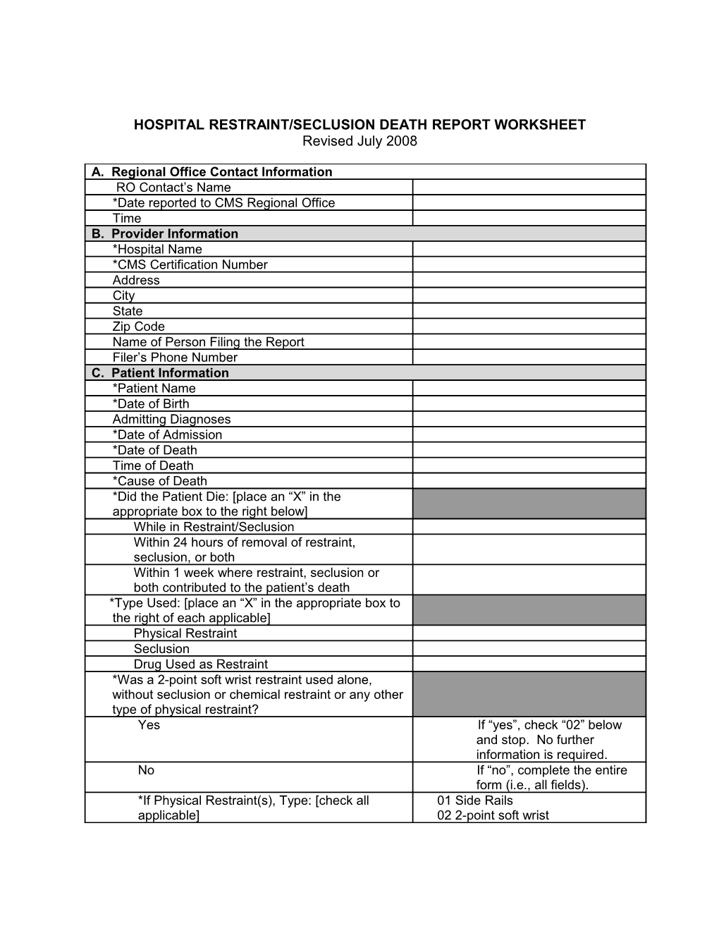 Hospital Restraint/Seclusion Death Report Worksheet