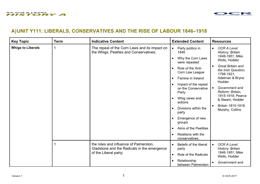 OCR a and AS History Unit Y111 Y112 Scheme of Work