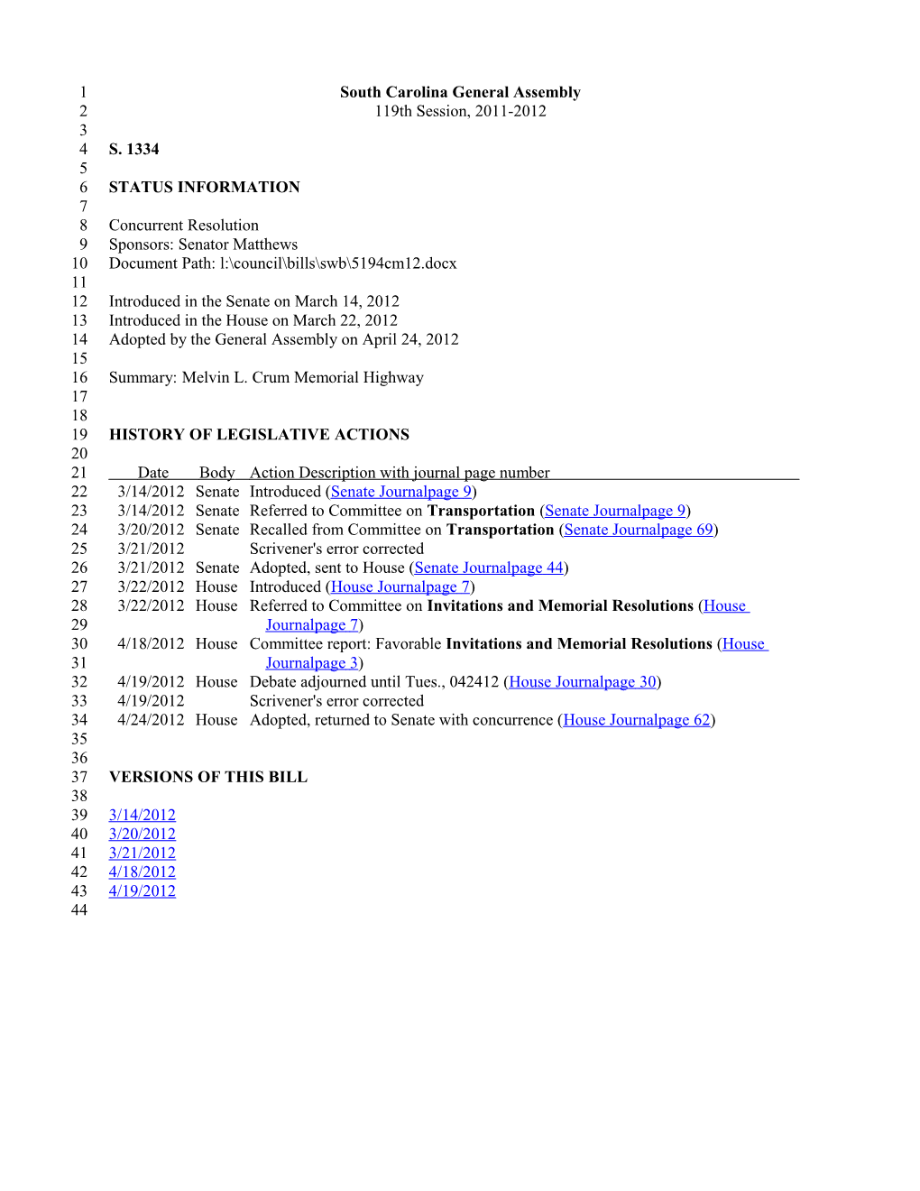 2011-2012 Bill 1334: Melvin L. Crum Memorial Highway - South Carolina Legislature Online