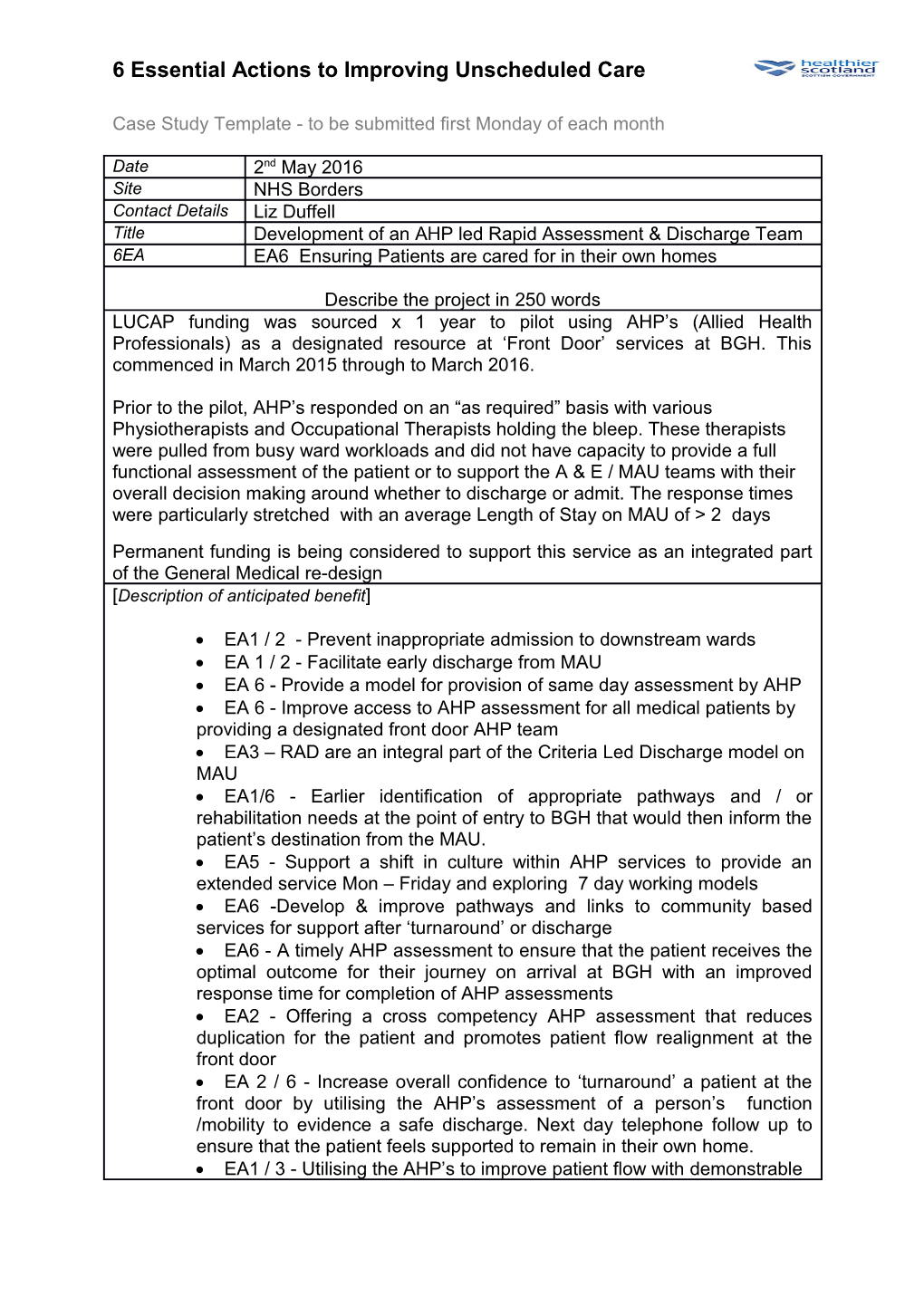 Case Study Template - to Be Submitted First Monday of Each Month