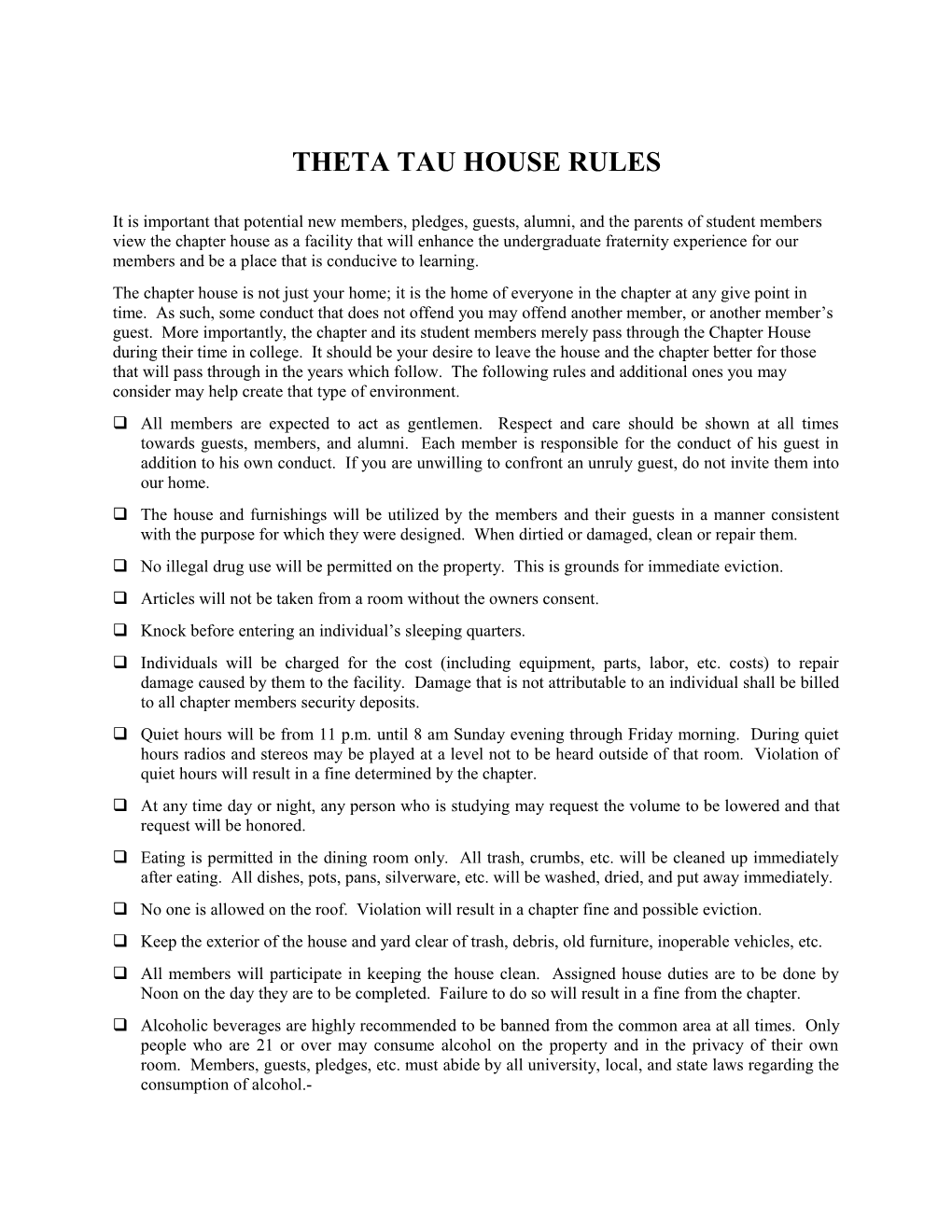 Theta Tau House Rules
