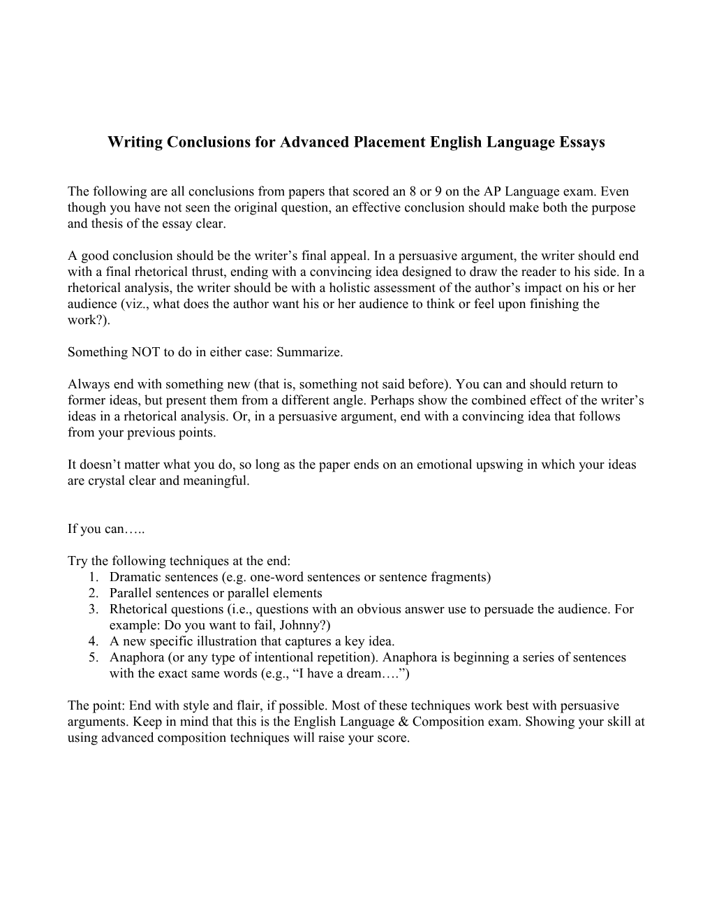 Writing Conclusions for Advanced Placement English Language Essays