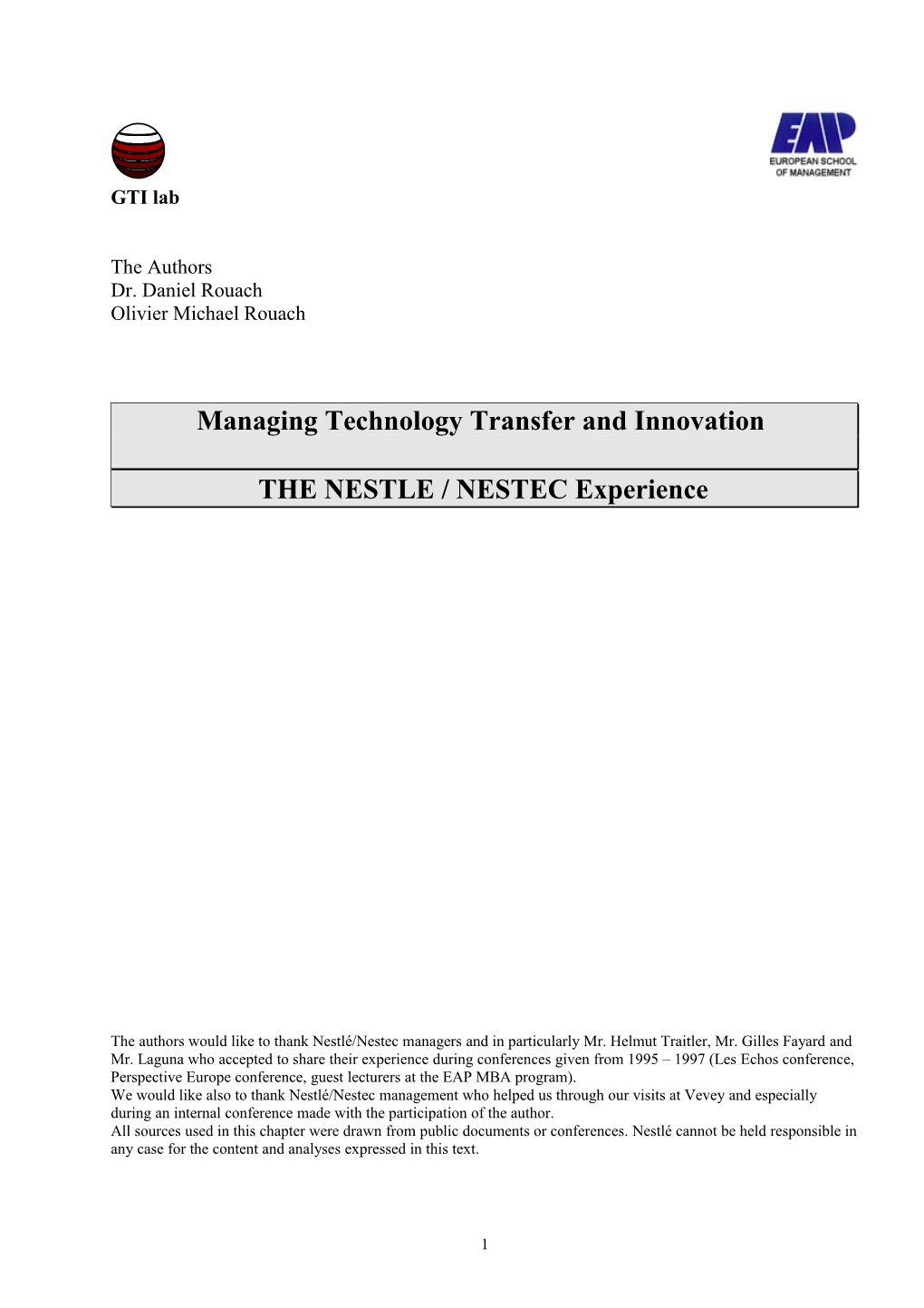 Managing Technology Transfer and Innovation