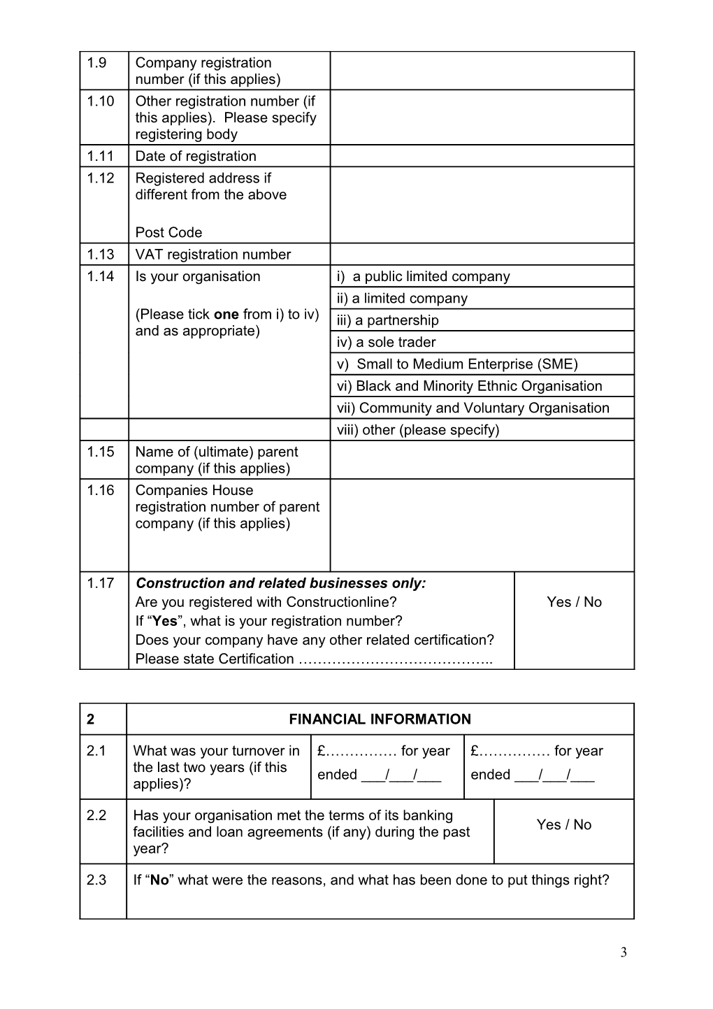 PRE-QUALIFICATION QUESTIONNAIRE Notes for Suppliers