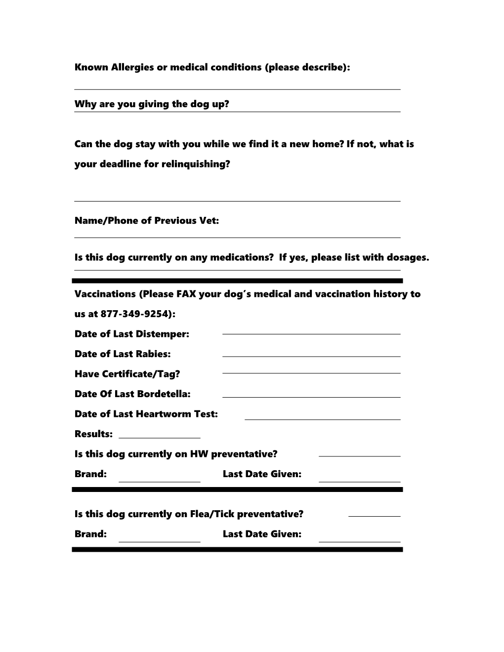 Save a Dog Relinquishment Information Form