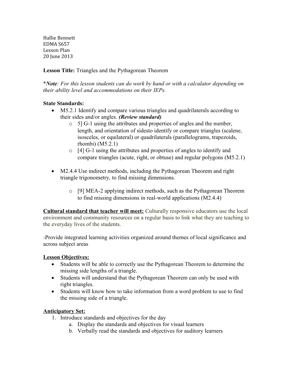 Lesson Title: Triangles and the Pythagorean Theorem