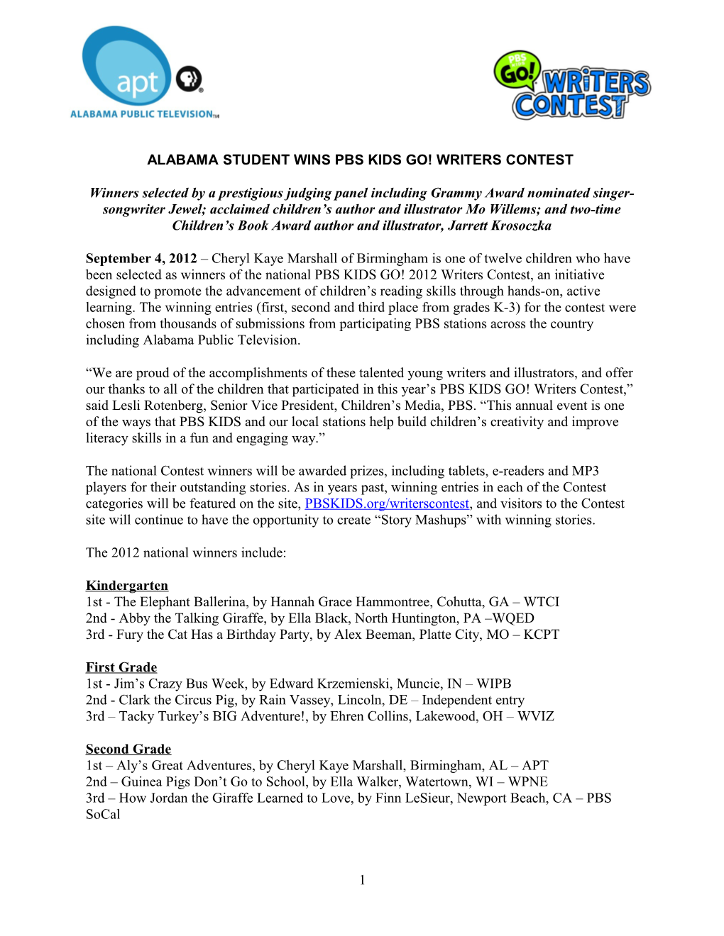 Alabama Student Wins Pbs Kids Go! Writers Contest