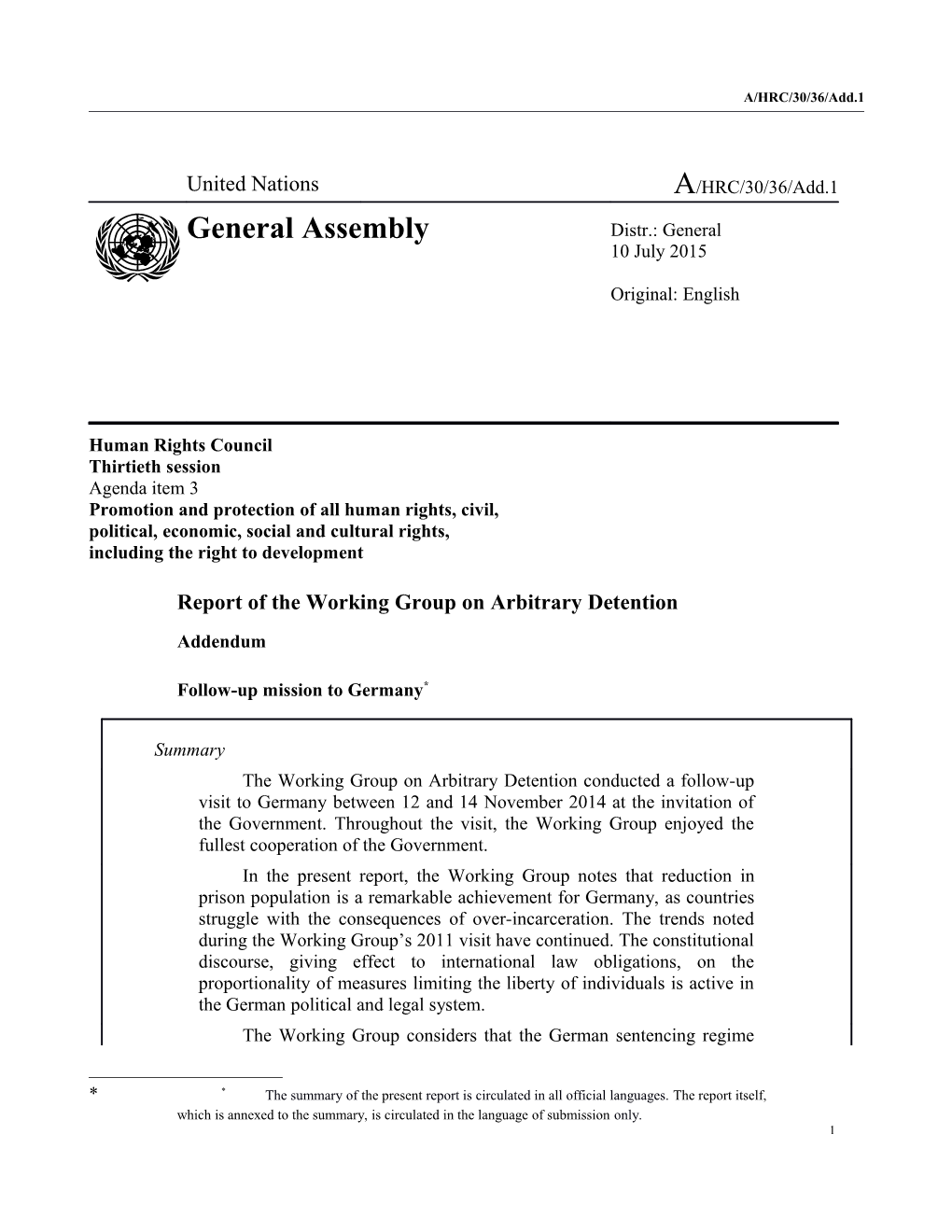 Report of the Working Group on Arbitrary Detention, Addendum - Follow-Up Mission to Germany