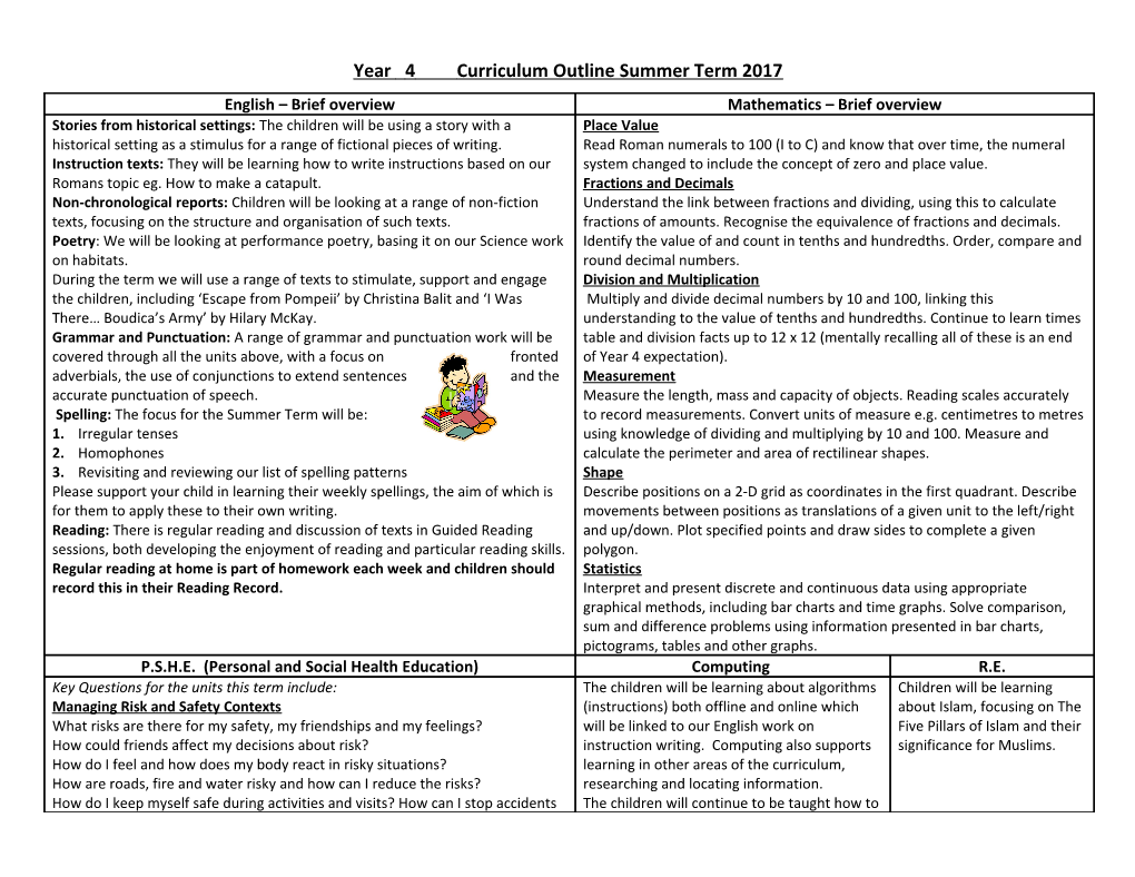 Year 4 Curriculum Outline Summer Term 2017