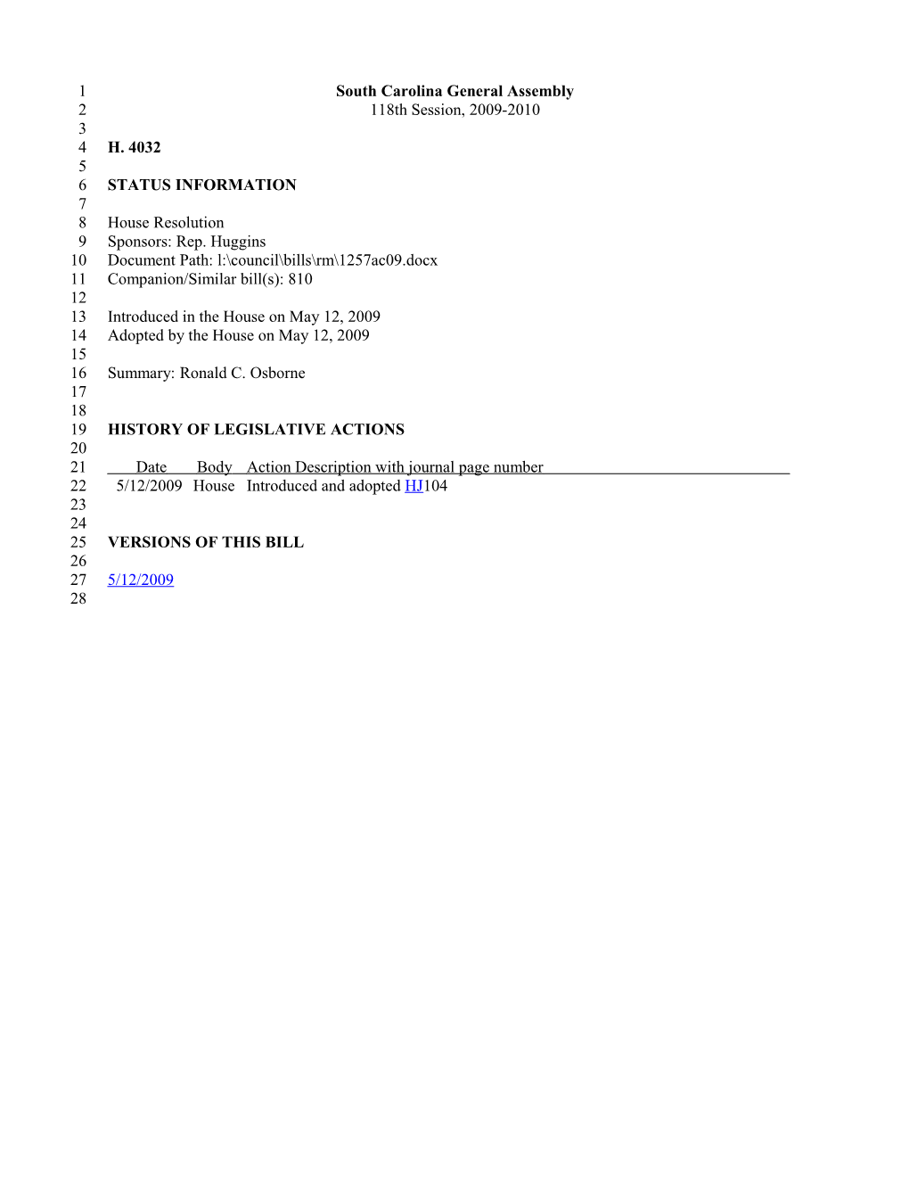 2009-2010 Bill 4032: Ronald C. Osborne - South Carolina Legislature Online