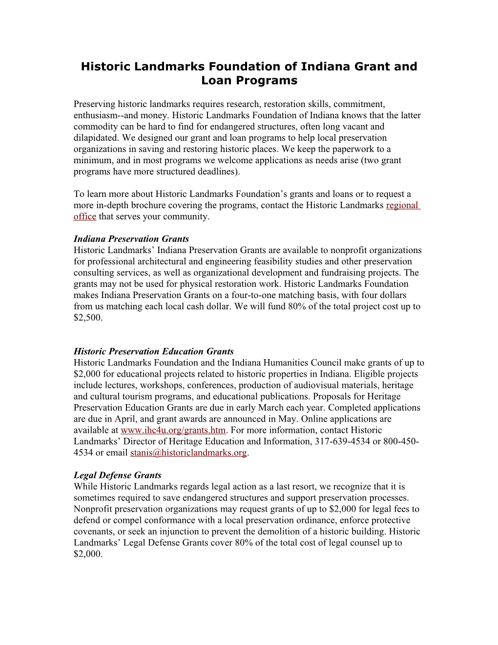 Historic Landmarks Foundation of Indiana Grant and Loan Programs