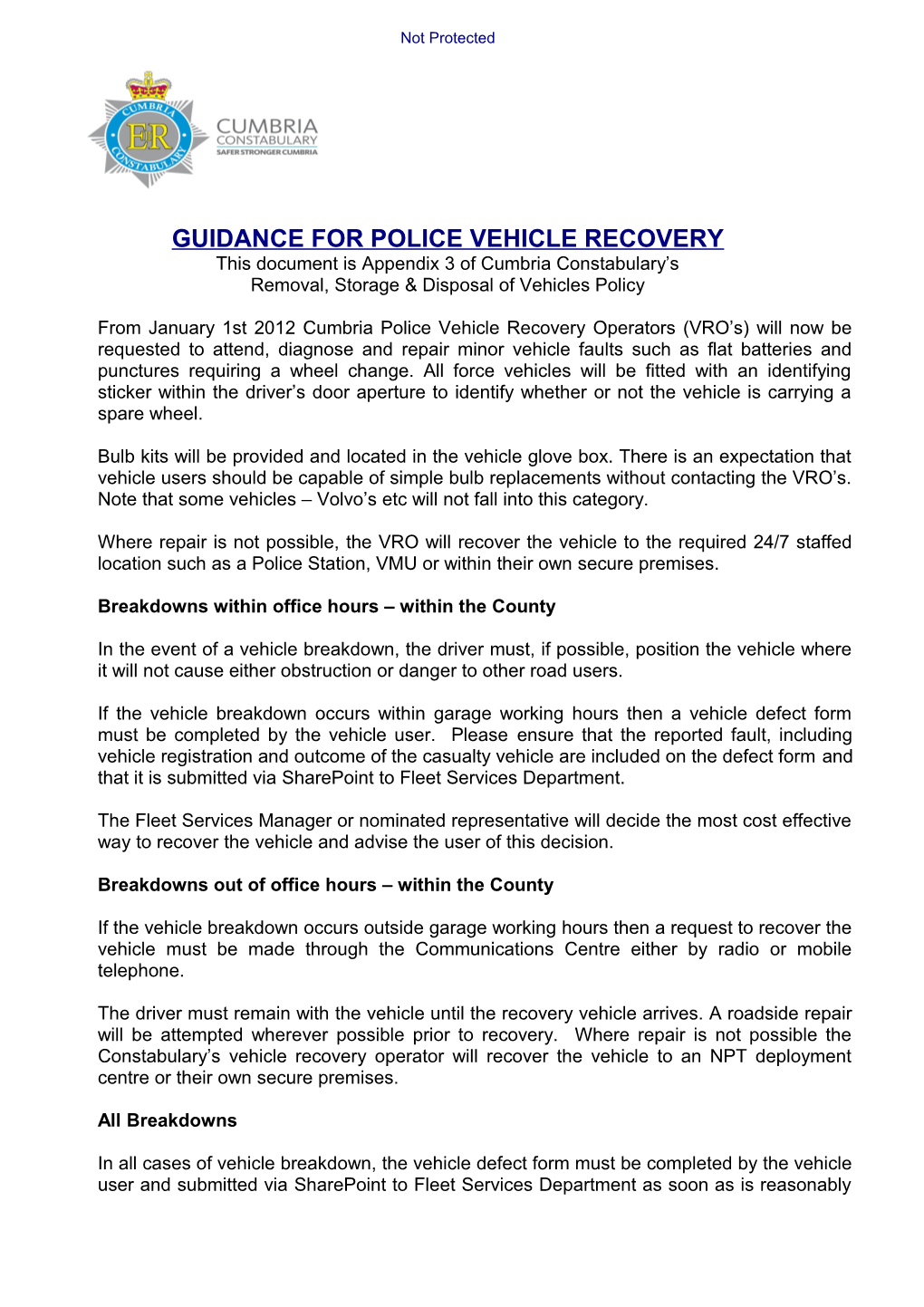 Removal Storage Disposal of Vehicles Police Appendix 3 Police Vehicles