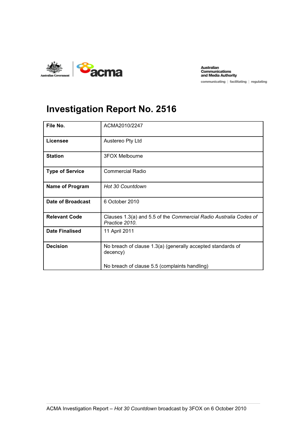 3FOX Melbourne - ACMA Investigation Report 2516