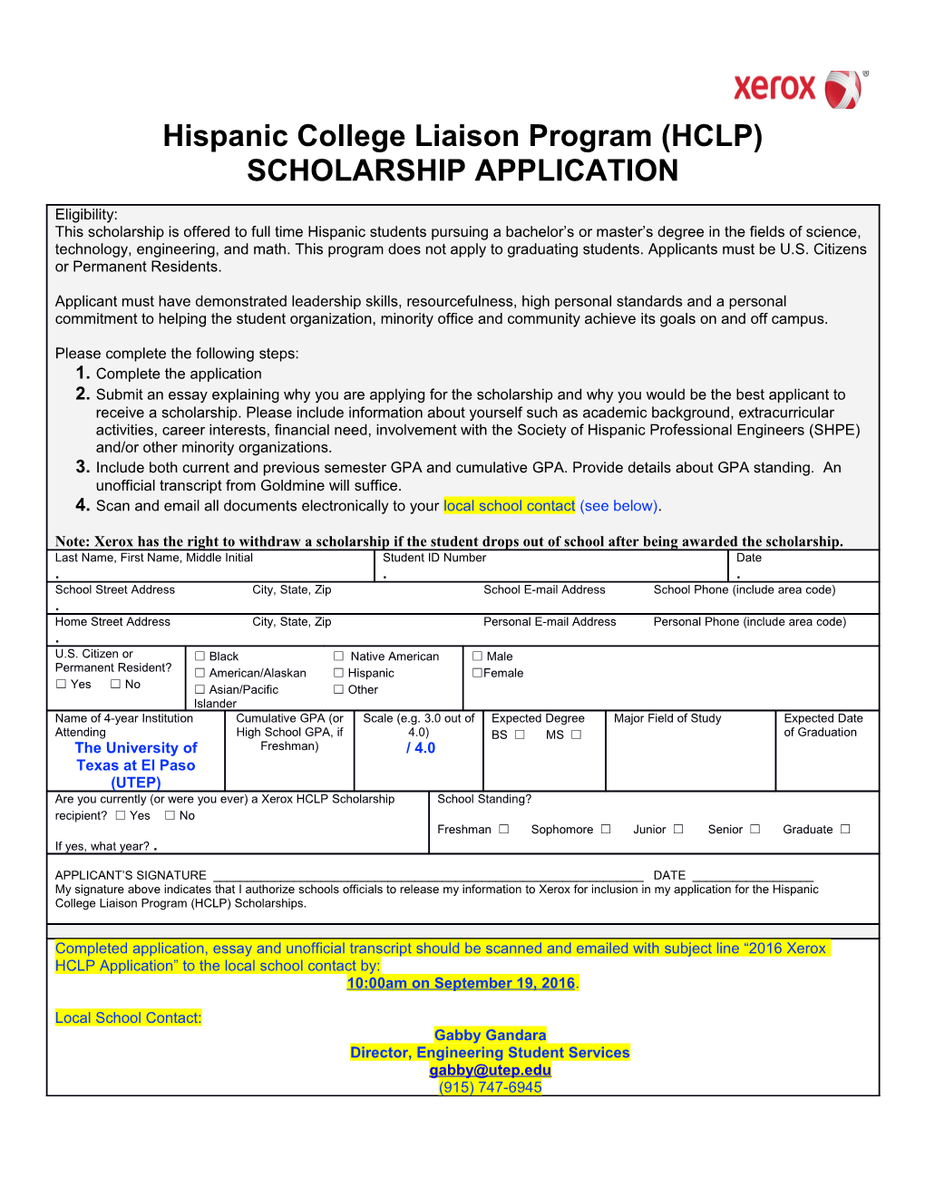 Hispanic College Liaison Program (HCLP) SCHOLARSHIP APPLICATION