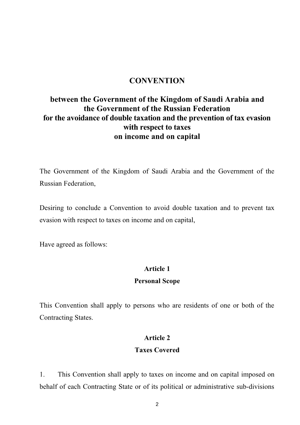 Agreement Between the Kingdom of Saudi Arabia and Russia for the Avoidance of Double Taxation