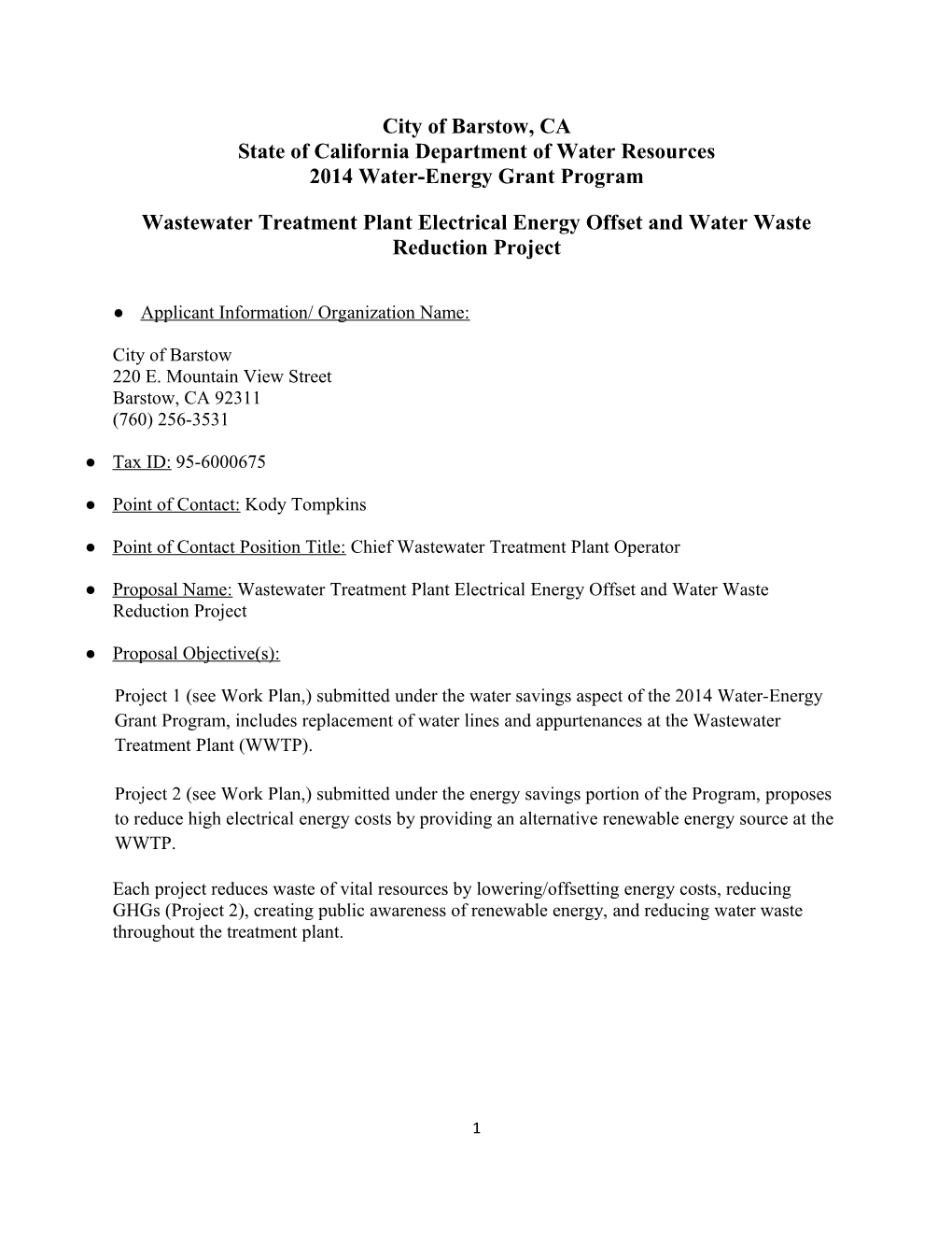 City of Barstow CA 2014 Water-Energy Grant Program Application General Information 2Nd