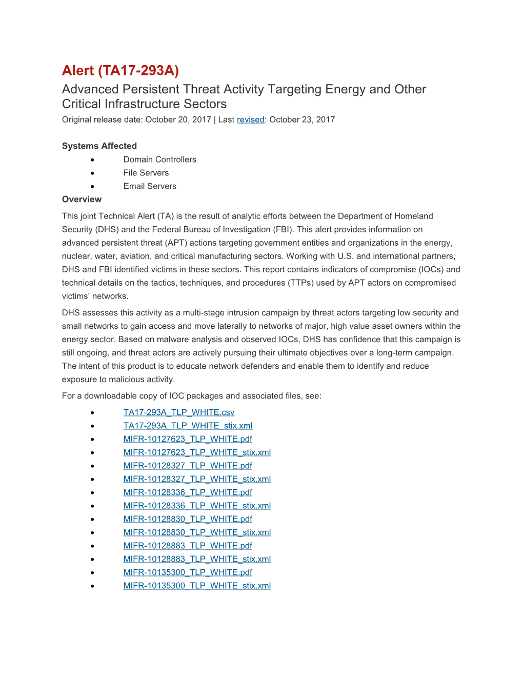 Advanced Persistent Threat Activity Targeting Energy and Other Critical Infrastructure Sectors