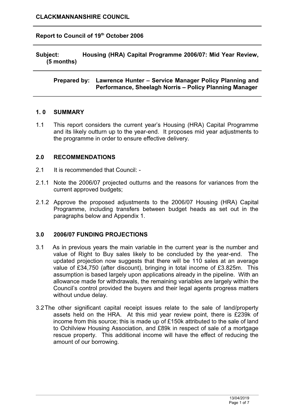 Housing (HRA) Capital Programme 2006-07 Mid Year Review (5 Months)