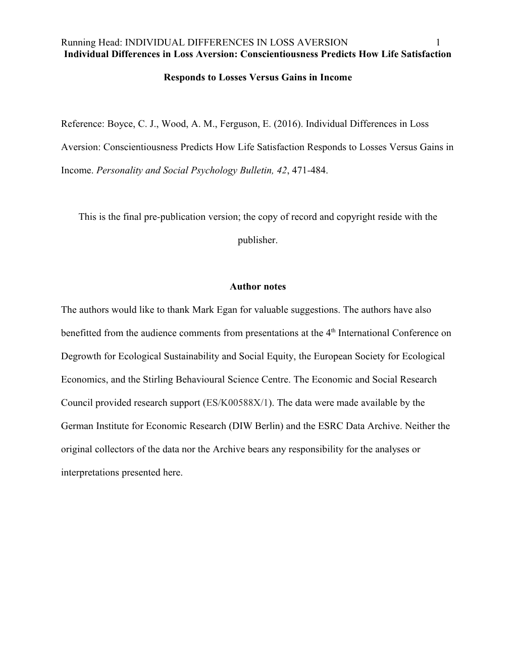 Running Head: INDIVIDUAL DIFFERENCES in LOSS AVERSION1