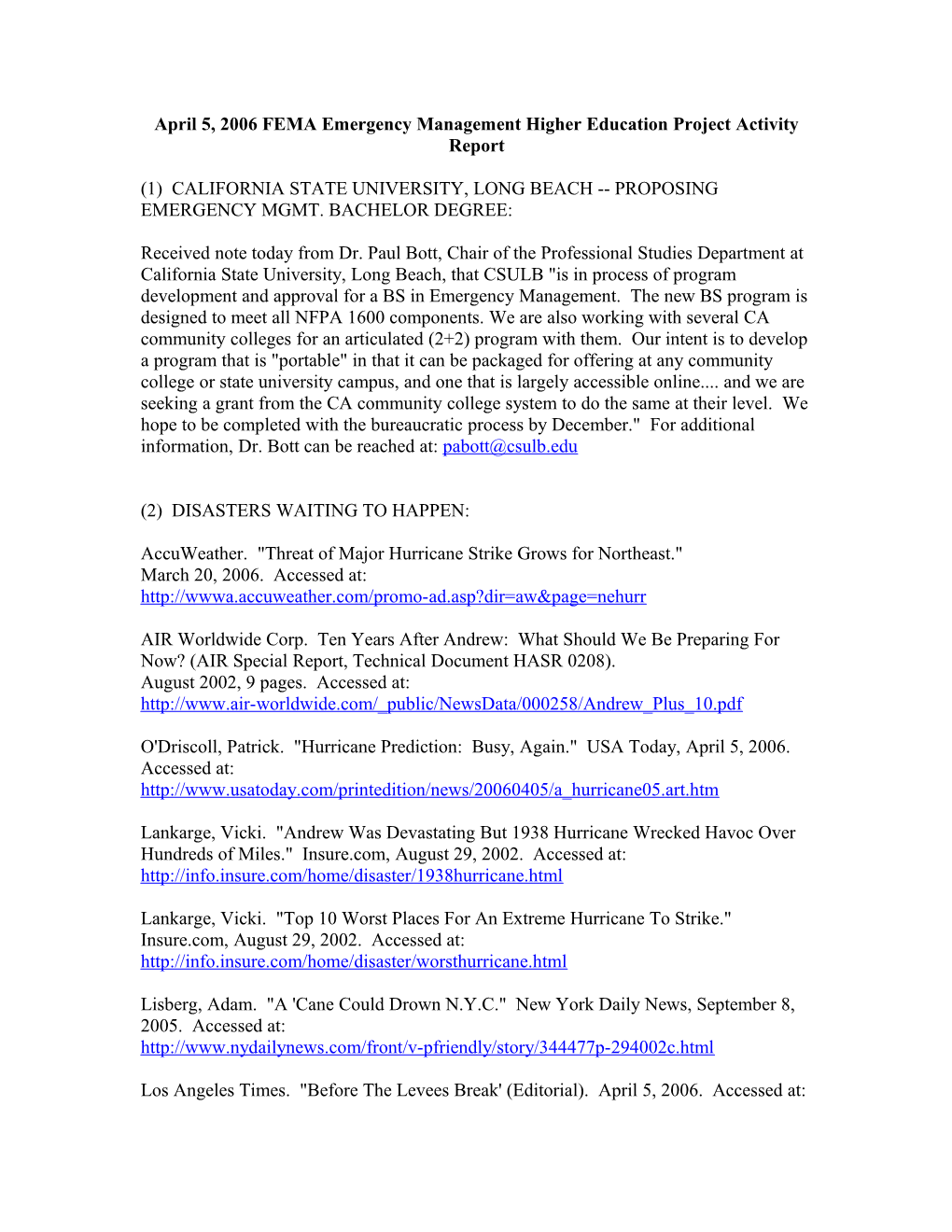 April 5, 2006 FEMA Emergency Management Higher Education Project Activity Report