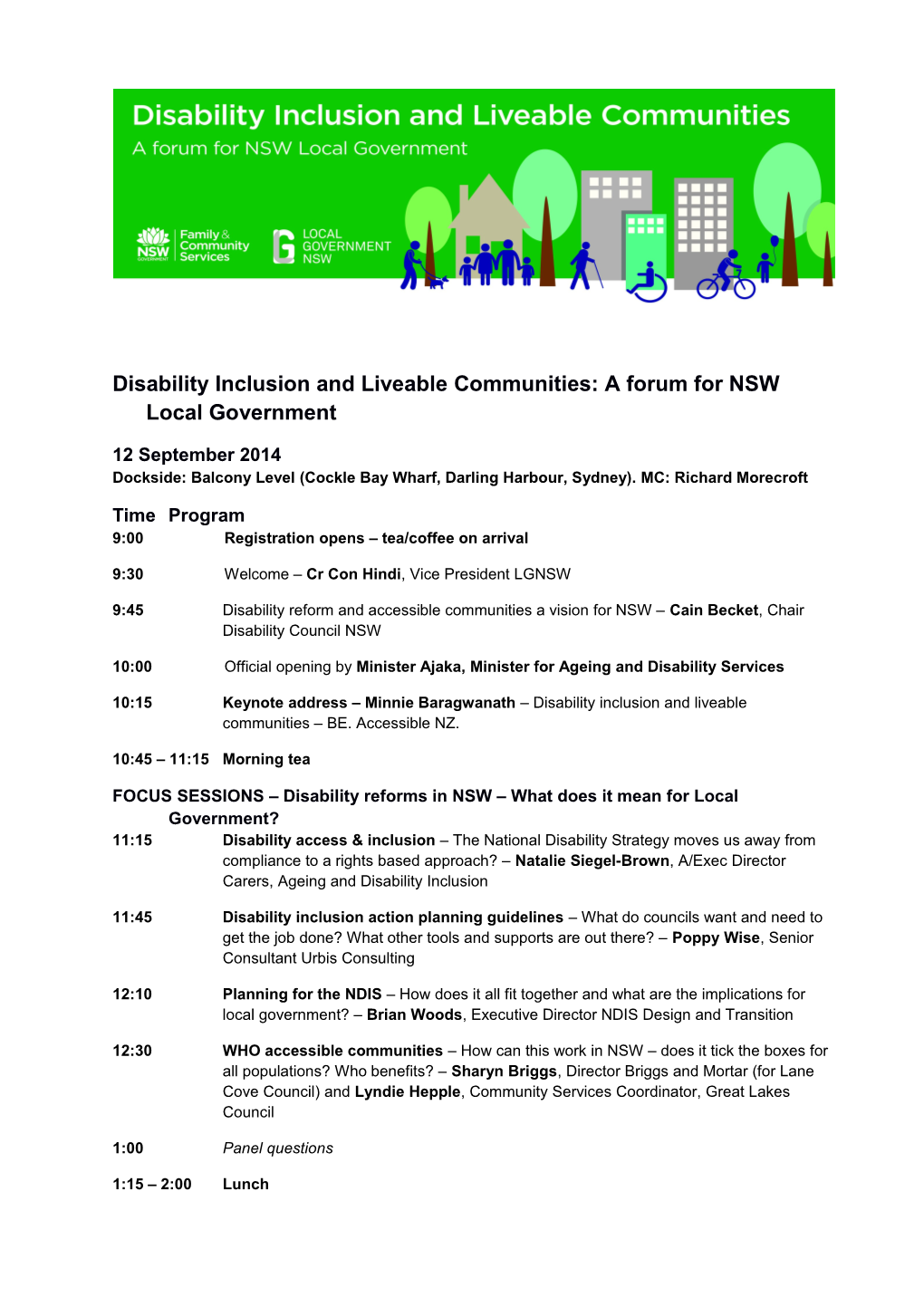 Disability Inclusion and Liveable Communities Forum Program - September 12Th 2014