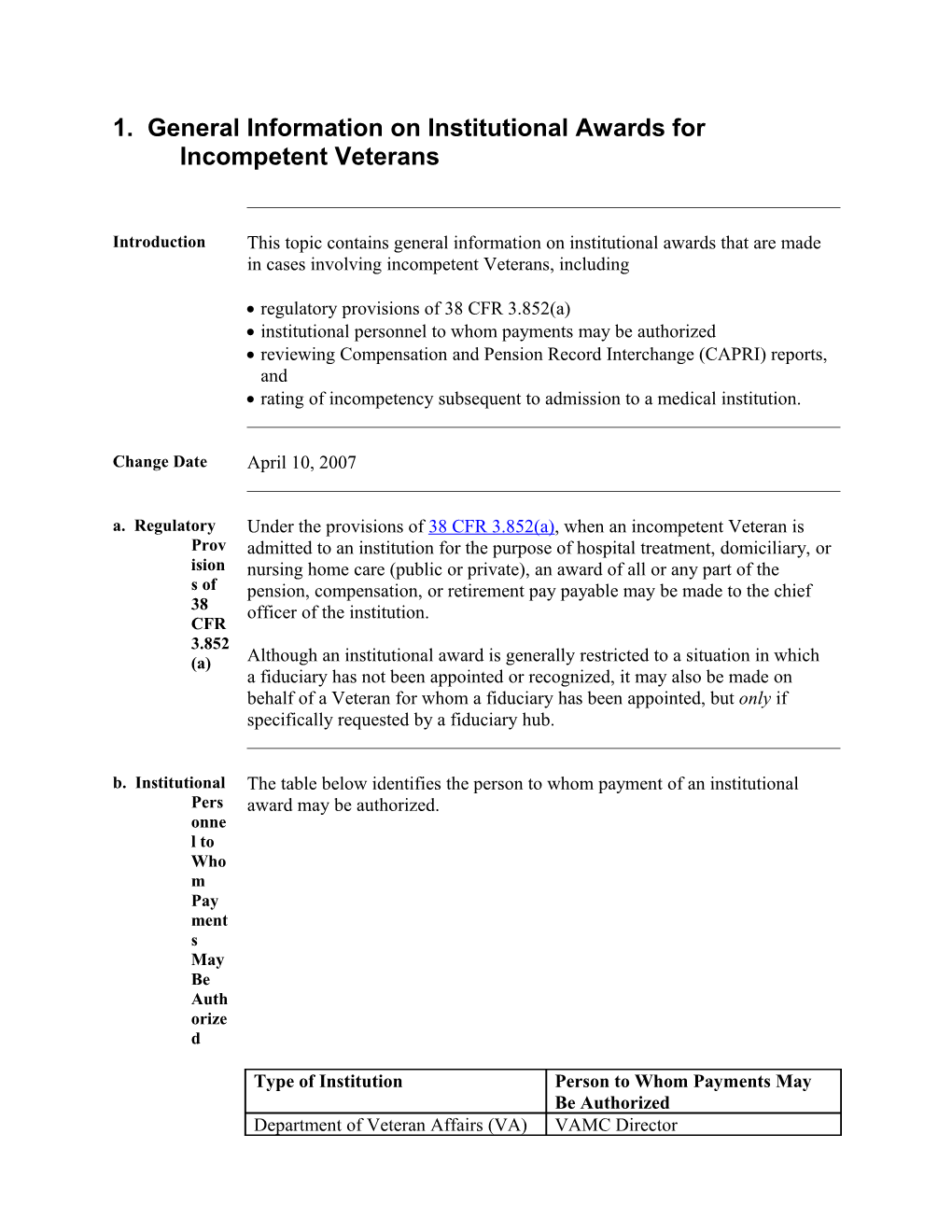 Section E Institutional Awards Specific to Incompetent Veterans (US Department of Veterans