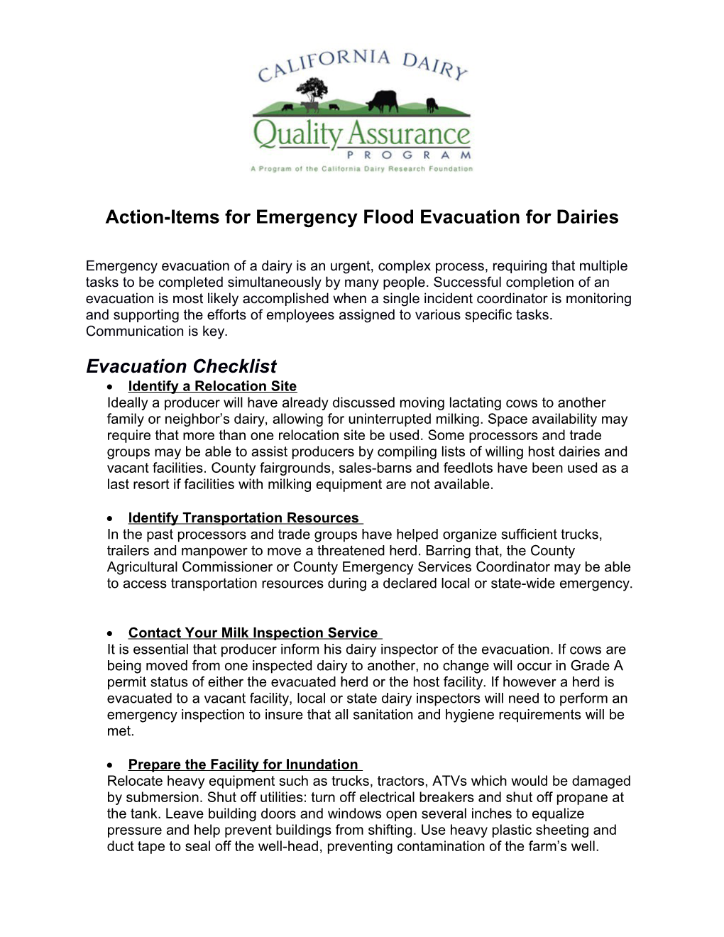 Action-Items for Emergency Flood Evacuation for Dairies