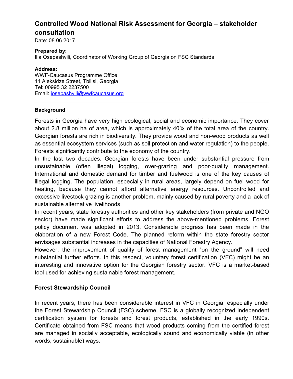 Controlled Wood National Risk Assessment for Georgia Stakeholder Consultation