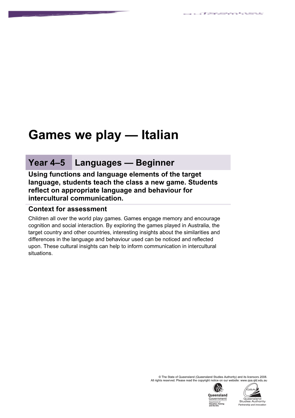 Year 4-5 Languages Assessment Teacher Guidelines Games We Play - Italian Queensland Essential