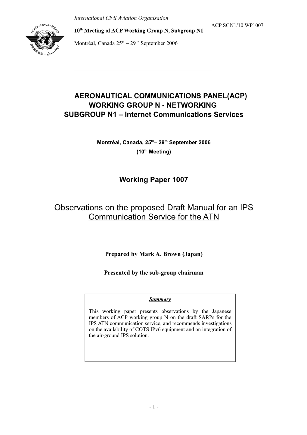 Observations on the Proposed Draft Manual for an IPS Communication Service for the ATN