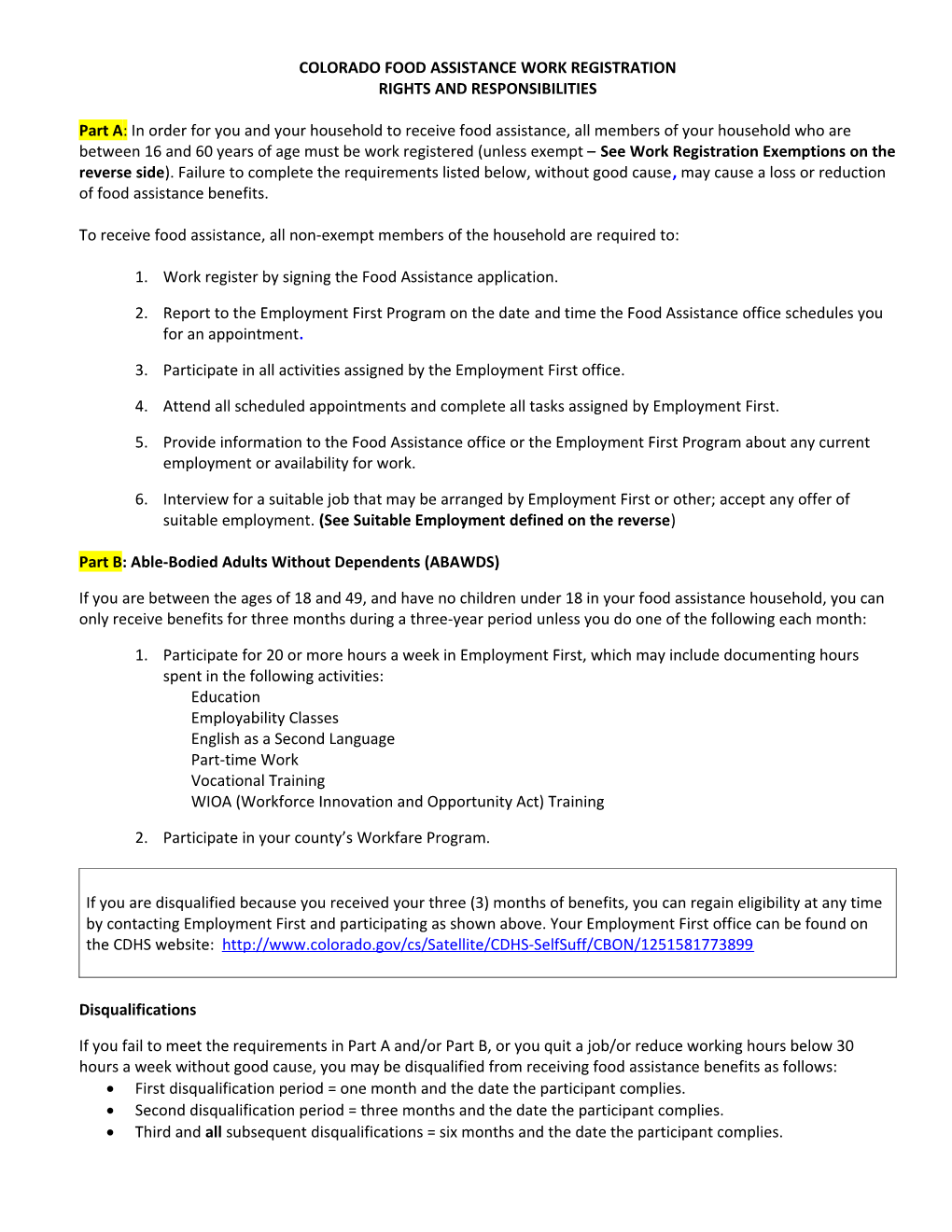 Colorado Food Stamp Work Registration