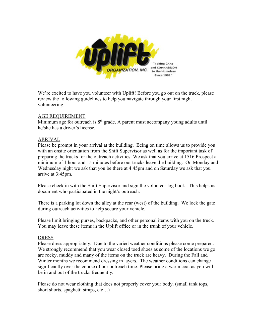 We Re Excited to Have You Volunteer with Uplift! Before You Go out on the Truck, Please
