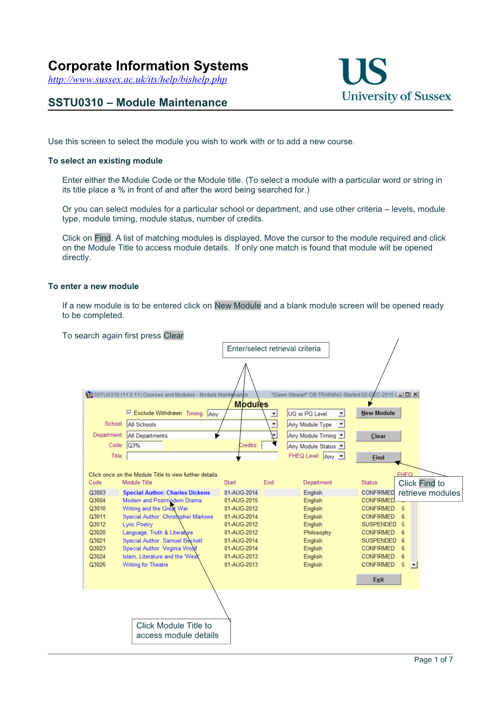 Use This Screen to Select the Module You Wish to Work with Or to Add a New Course