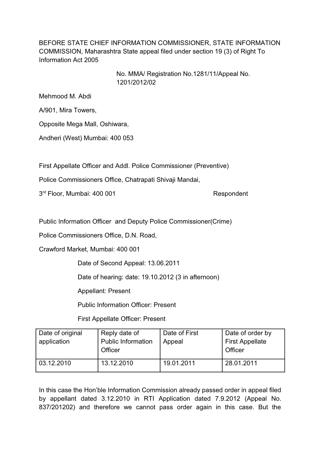 No. MMA/ Registration No.1281/11/Appeal No. 1201/2012/02