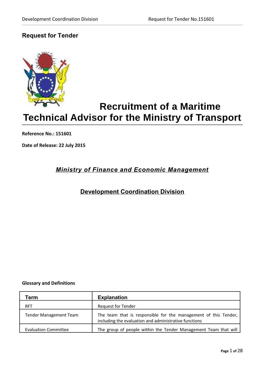 Development Coordination Divisionrequest for Tender No.151601