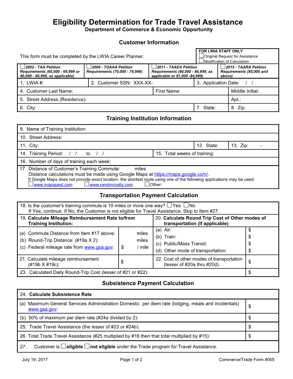 Form #005 Eligibility Determination for Trade Travel Assistance (MS Word) 3-01-14