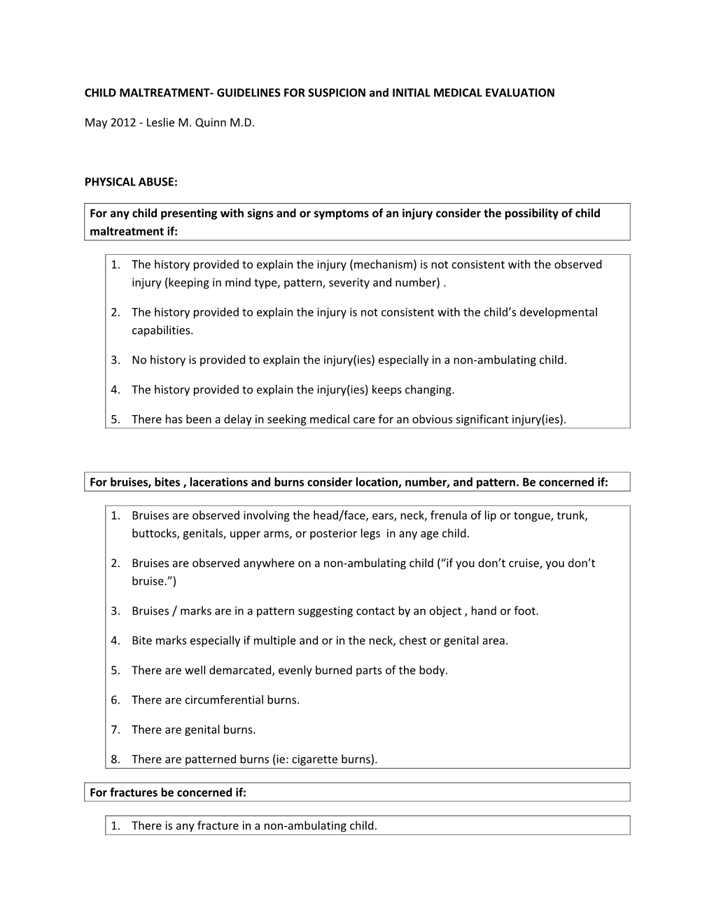 CHILD MALTREATMENT- GUIDELINES for SUSPICION and INITIAL MEDICAL EVALUATION