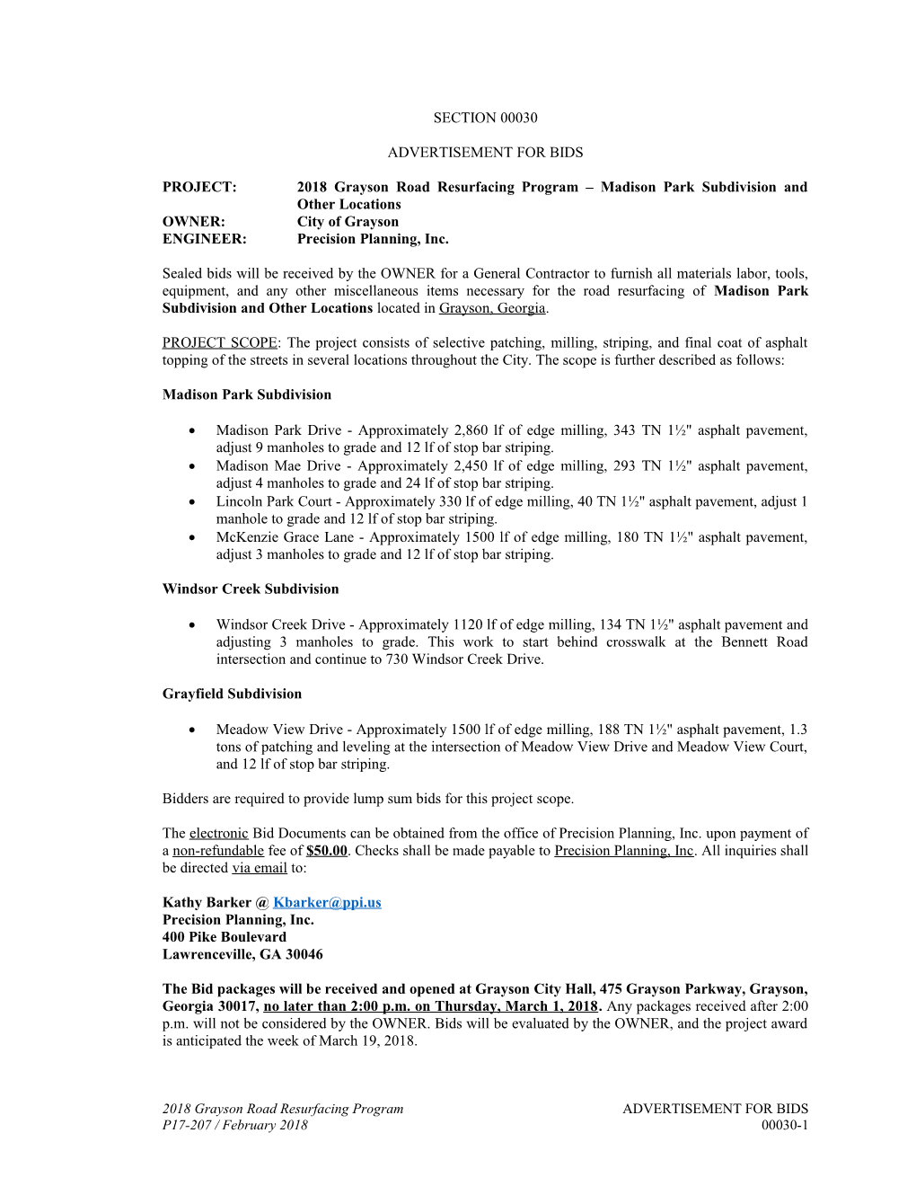 PROJECT:2018 Grayson Road Resurfacing Program Madison Park Subdivision and Other Locations