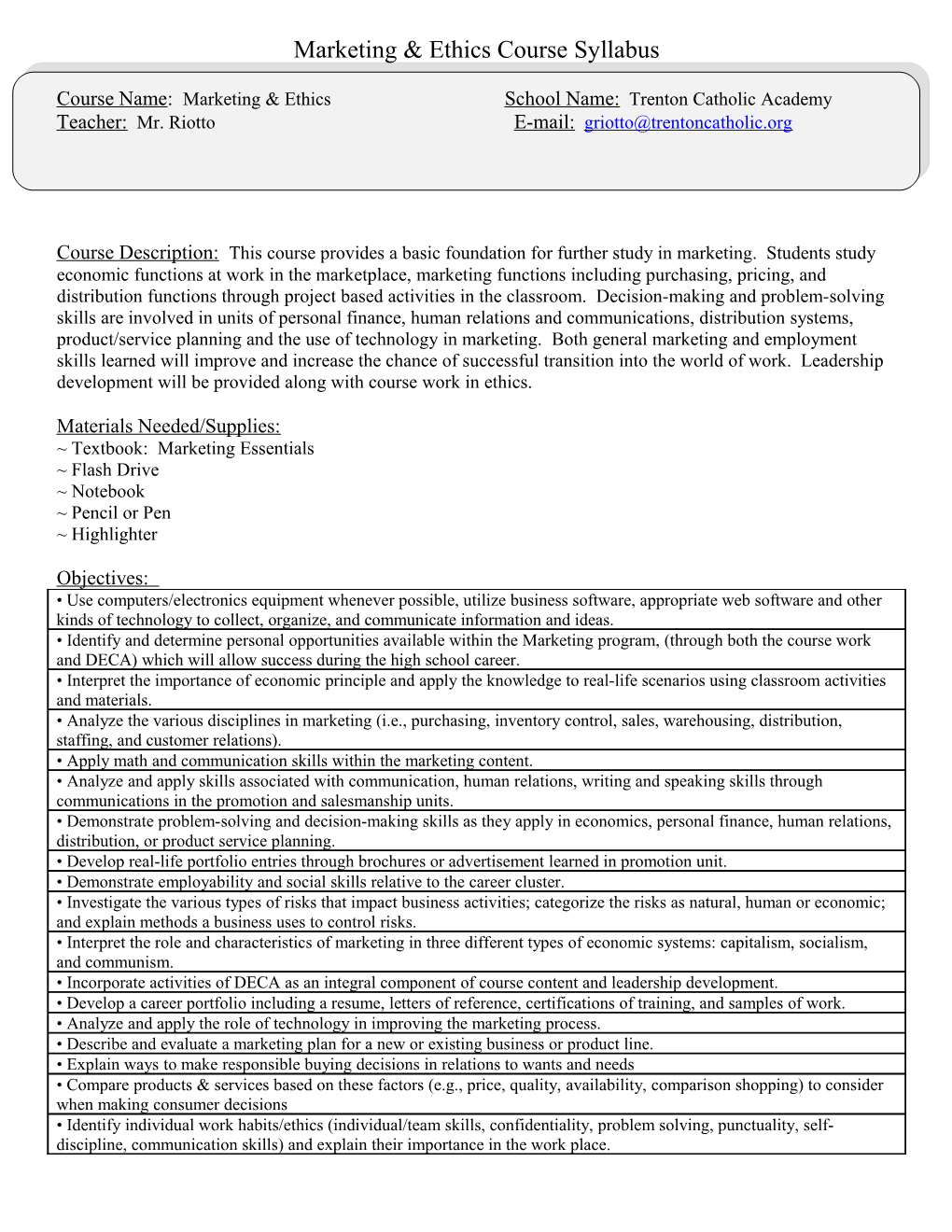 Marketing & Ethics Course Syllabus