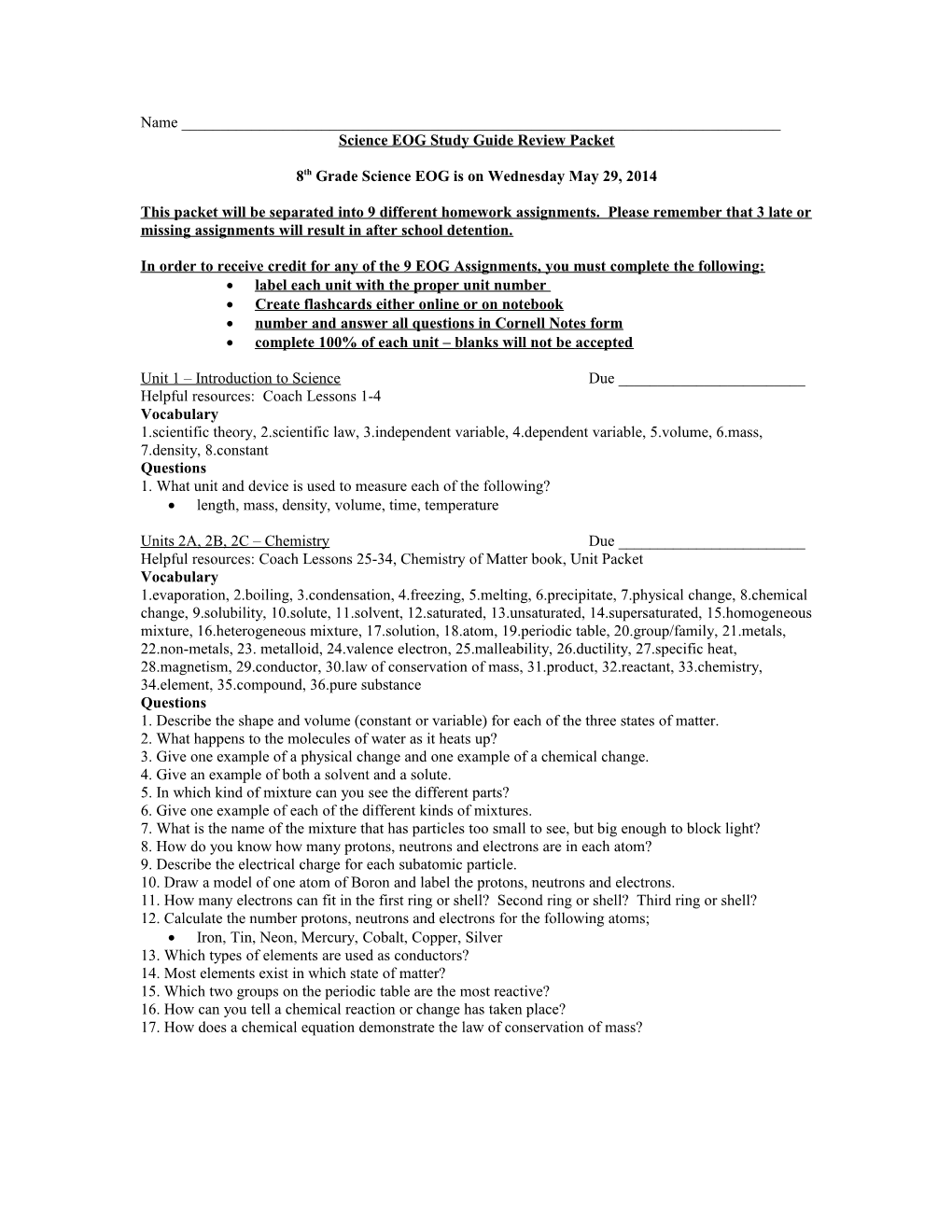 Science EOG Study Guide Review Packet
