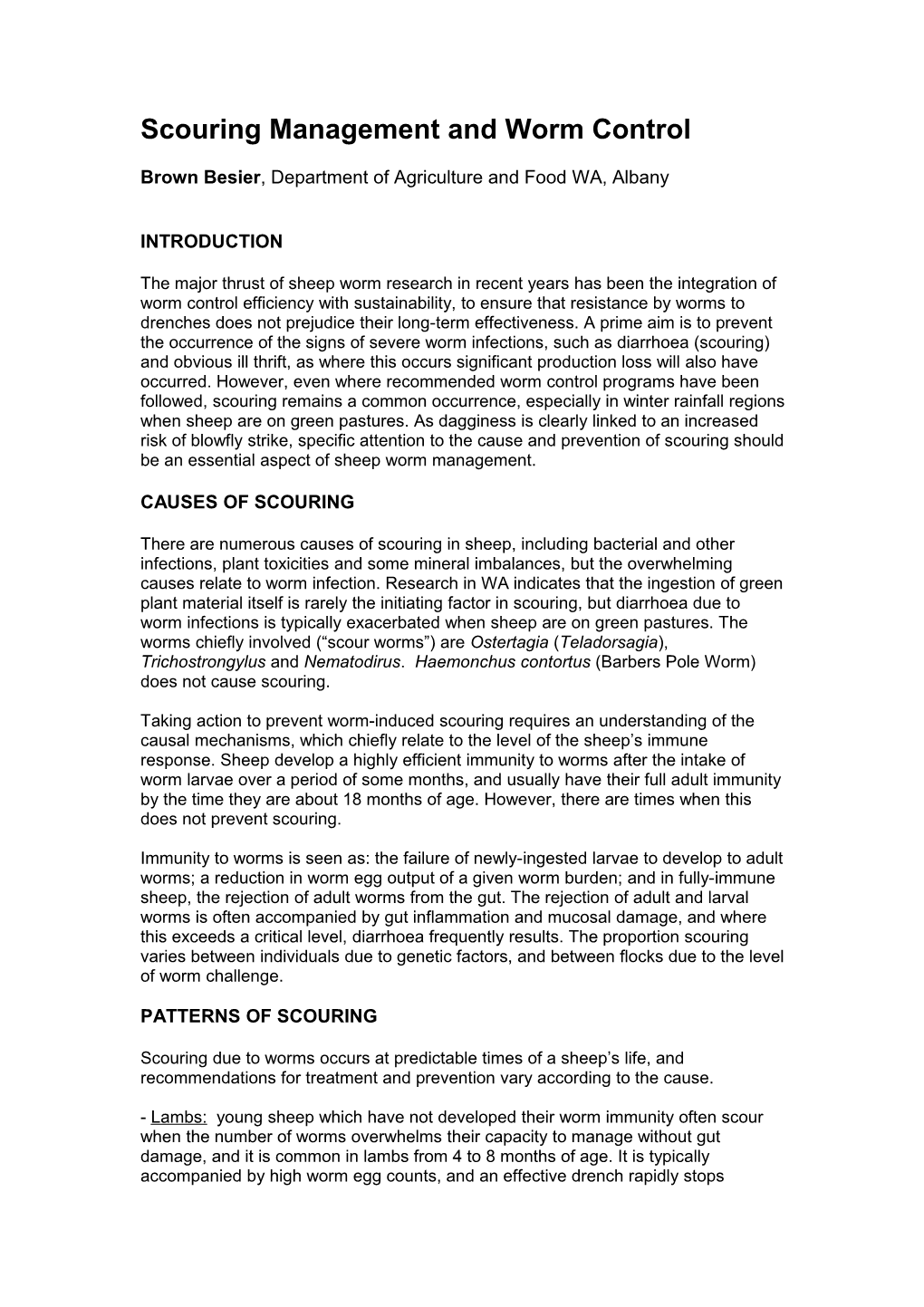 Management of Scouring Due to Sheep Worms