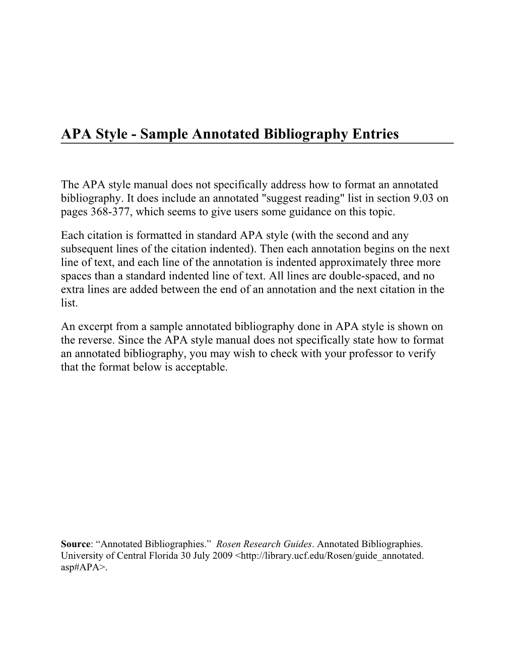 APA Style - Sample Annotated Bibliography Entries