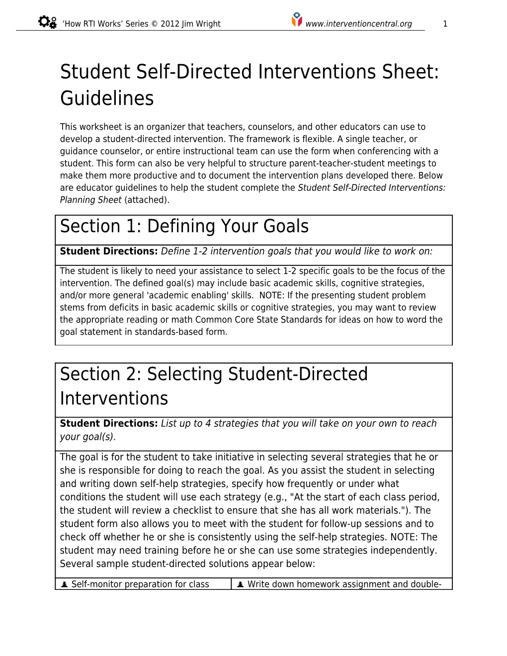 Student Self-Directed Interventions Sheet: Guidelines